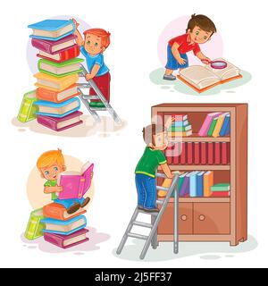 Set di icone vettoriali di bambini piccoli che leggono un libro Illustrazione Vettoriale