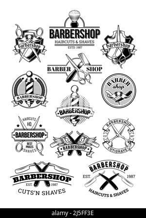 Set vettoriale di loghi e insegne per barbiere, realizzato in stile incisione Illustrazione Vettoriale