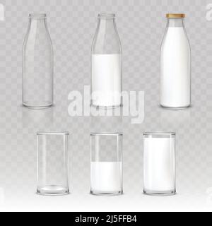 Set di icone vettoriali bicchieri e bottiglie con un latte Illustrazione Vettoriale