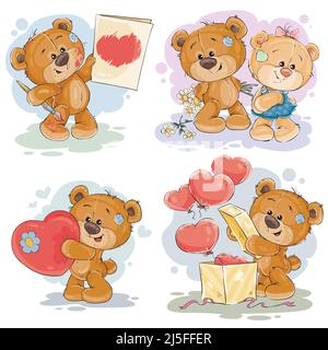 Set di illustrazioni vettoriali clip art di orsacchiotti amori in varie pose - tenendo una cartolina valentina, cuore, disimpacchi dono, dando fiori a g Illustrazione Vettoriale