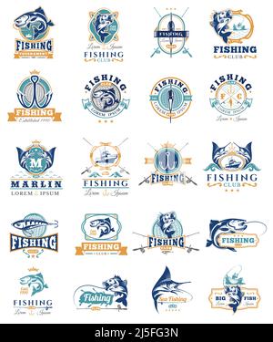 Grande set di badge vettoriali, adesivi sulla cattura dei pesci. Emblemi per club di pesca, tornei Illustrazione Vettoriale