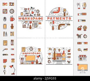 Set di icone flat vettoriali line art di elementi del posto di lavoro personale, pagamenti elettronici sicuri e convenienti e acquisti online Illustrazione Vettoriale