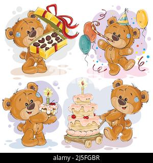 Set di illustrazioni vettoriali clip art di orsacchiotto vi augura un buon compleanno Illustrazione Vettoriale