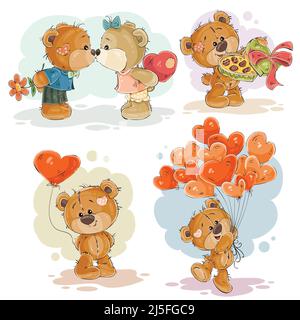 Set di illustrazioni vettoriali clip art di orsacchiotti amori. Stampa per Valentines Illustrazione Vettoriale