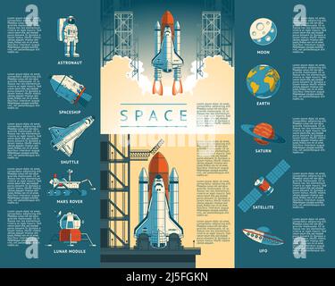 Grande collezione di icone di spazio. L'illustrazione vettoriale di un razzo di stile piatto decoglie Illustrazione Vettoriale