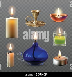 Illustrazione vettoriale di una collezione di varie candele in stile realistico, isolate su sfondo trasparente Illustrazione Vettoriale