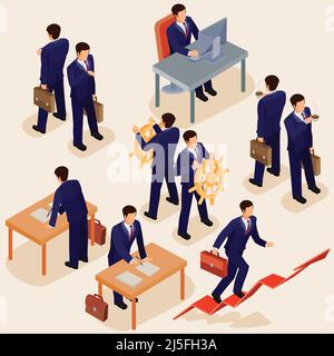 Illustrazione vettoriale di 3D persone isometriche piatte. Il concetto di leader aziendale, lead manager, CEO. Boss, la sua visione e il successo personale. Illustrazione Vettoriale