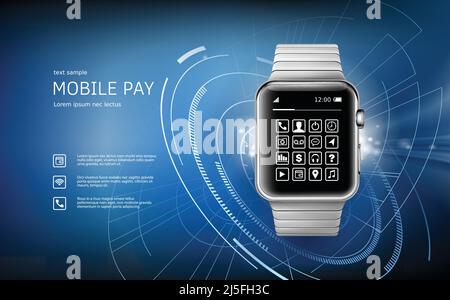 Illustrazione vettoriale in uno stile realistico il concetto di e-payments utilizzando l'applicazione sul vostro orologio da polso. Illustrazione dell'orologio da polso su un ab Illustrazione Vettoriale