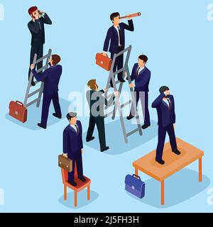 Illustrazione vettoriale di 3D persone isometriche piatte. Il concetto di leader aziendale, lead manager, CEO. Boss, la sua visione e il successo personale. Illustrazione Vettoriale