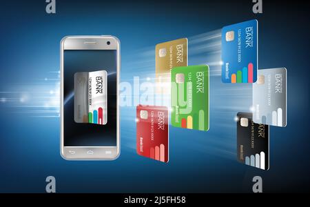 Illustrazione vettoriale in uno stile realistico il concetto di pagamenti mobili utilizzando l'applicazione sullo smartphone. Immagine dello smartphone e b Illustrazione Vettoriale