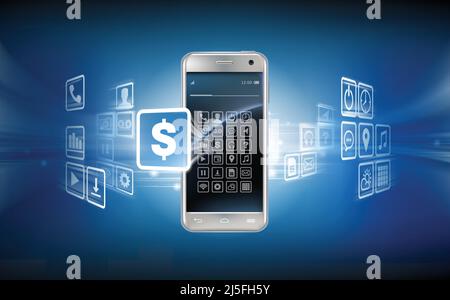 Illustrazione vettoriale in uno stile realistico il concetto di pagamenti mobili utilizzando l'applicazione sullo smartphone. Immagine dello smartphone e b Illustrazione Vettoriale
