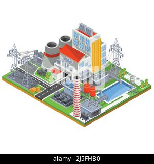 Illustrazione vettoriale isometrica di una centrale termica per la produzione di energia elettrica con i tubi di combustione, gli edifici industriali e la rete elettrica lin Illustrazione Vettoriale