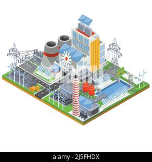 Illustrazione vettoriale isometrica di una centrale termoelettrica funzionante su fonti di energia alternative. Il concetto di energia verde ecologica di u Illustrazione Vettoriale
