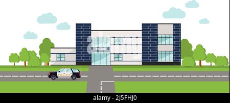 Concetto di polizia. Sfondo panoramico con reparto di polizia e auto di polizia in stile piatto. Illustrazione Vettoriale