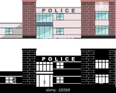 Concetto di poliziotto. Edificio del dipartimento di polizia di tipo diverso isolato su sfondo bianco in stile piatto. Silhouette colorata e nera. Vettore Illustrazione Vettoriale