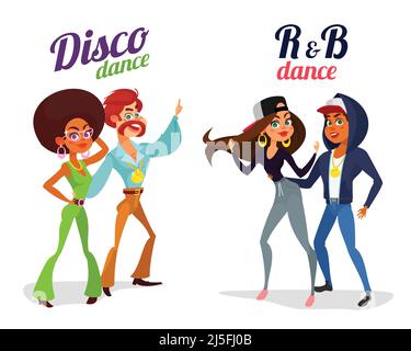 Set di illustrazioni vettoriali di cartoni animati di due coppie danzanti in stile discoteca e ritmo e blues isolato su bianco Illustrazione Vettoriale