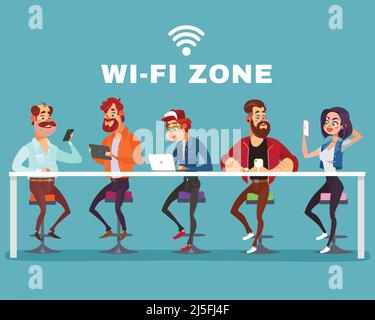 Illustrazione vettoriale di un uomo e di una donna che usano i loro telefoni, tablet, laptop nella zona wi-fi Illustrazione Vettoriale