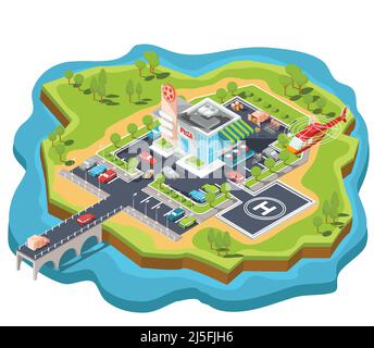 Illustrazione isometrica vettoriale di un moderno ristorante fast food italiano con parcheggio ed elipad. Pizzeria isometrica con cartello gigante per pizza, cucina italiana Illustrazione Vettoriale