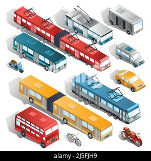 Set di illustrazioni isometriche vettoriali di autobus comunali di trasporto, tram, taxi, navetta taxi, moto, scooter, bicicletta Illustrazione Vettoriale