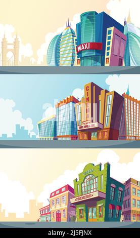 Set vettore cartoon illustrazione di un paesaggio urbano con gli edifici di vecchi e moderni cinema. Una collezione di cartoni animati per la pubblicità Illustrazione Vettoriale