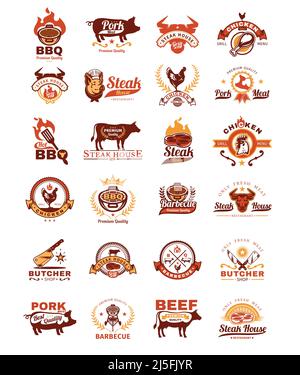 Set di griglie vettoriali colorate e badge barbecue, adesivi, emblemi isolati su bianco Illustrazione Vettoriale