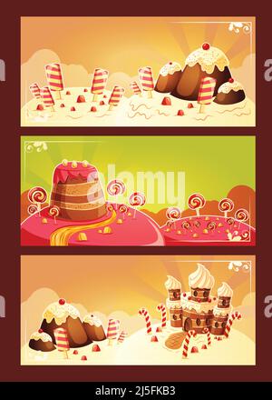 Illustrazione vettoriale di cartoni animati, striscioni con un paesaggio dolce - case di torta, colline di muffin, fiumi di caramello, lecca-lecca e popsicle Illustrazione Vettoriale