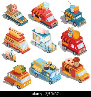 Set di illustrazioni isometriche vettoriali automobili consegna rapida di cibo e camion alimentari - pizza, gelato, hot dog, latte, hamburger, ciambelle, caffè, tacos Illustrazione Vettoriale