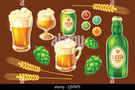 Set di vignette isolate vettoriali illustrazioni di vari contenitori per l'imbottigliamento e la conservazione di birra - bicchieri da birra di varie forme, bottiglia di vetro, alluminio Illustrazione Vettoriale