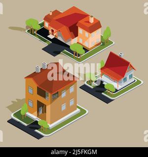 Set di illustrazioni isometriche vettoriali, icone di case residenziali, cottage con garage, cortile, prato verde per la pubblicità opuscoli di immobili Illustrazione Vettoriale