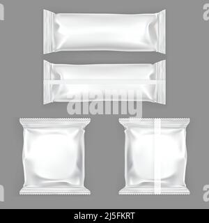 Set di illustrazioni vettoriali di imballaggio in plastica bianca per spuntini, isolato su sfondo grigio. Modello di simulazione, layout per il design con marchio Illustrazione Vettoriale