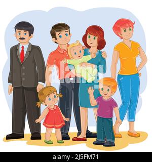 Illustrazione vettoriale di una famiglia felice di sette persone - nonno, nonna, papà, mamma, figlia, figlio e bambino - in posa insieme Illustrazione Vettoriale