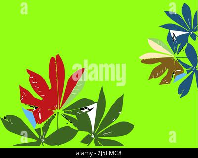 Layout creativo fatto di foglie tropicali colorate su sfondo verde Illustrazione Vettoriale