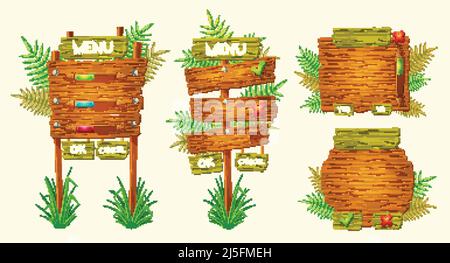 Set di illustrazioni vettoriali di cartoni animati di segni di legno di varie forme in piedi sul prato. Elementi di design per i giochi Illustrazione Vettoriale