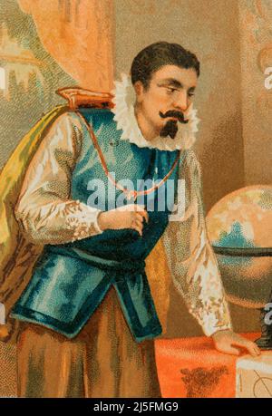 Johannes Kepler (1571-1630). Astronomo e matematico tedesco. Kepler nell'osservatorio di Praga. Chromolithography, dettaglio. Historia Universal, di César Cantú. Volume VIII. Pubblicato a Barcellona, 1886. Foto Stock