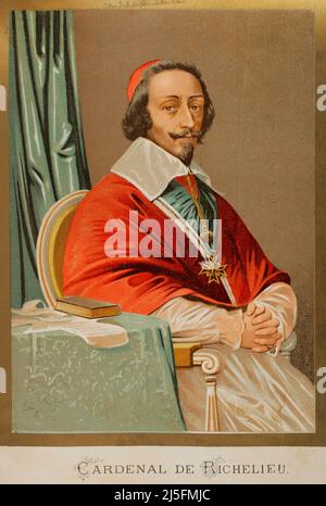 Cardinal de Richelieu (Armand Jean du Plessis) (1585-1642). Francese Clergyman e statista. Capo ministro di re Luigi XIII. Verticale. Chromolithography. Historia Universal, di César Cantú. Volume VIII. Pubblicato a Barcellona, 1886. Foto Stock