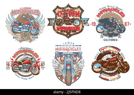 Imposta i badge vintage vettoriali, emblemi con una moto personalizzata. Stampa, modello, elemento di disegno pubblicitario per il motor club, riparazione motociclistica Illustrazione Vettoriale