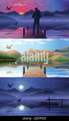 Illustrazione vettoriale impostata di una vista del lago e del molo a diversi orari del giorno Illustrazione Vettoriale