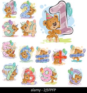 Un insieme di illustrazioni vettoriali con un orsacchiotto marrone e numeri e simboli matematici. Stampe, modelli, elementi di progettazione per biglietti d'auguri, in Illustrazione Vettoriale