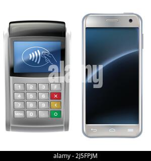 Illustrazione vettoriale in uno stile realistico il concetto di pagamenti mobili utilizzando l'applicazione sullo smartphone. Immagine dello smartphone e p Illustrazione Vettoriale