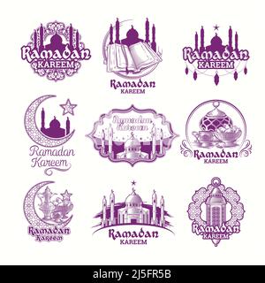 Set di illustrazioni vettoriali viola, segno per Ramadan Kareem con lanterna, torri di moschea, mezzaluna con motivo arabico isolato su bianco Illustrazione Vettoriale