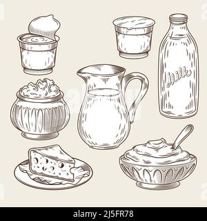 Illustrazione vettoriale di un set di prodotti lattiero-caseari nello stile dell'incisione. Bottiglia bianca e nera e caraffa al latte, panna acida, yogurt, formaggio caserma, cur Illustrazione Vettoriale