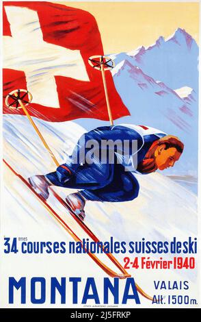 Poster Vintage MONTANA Travel - Winter Sport, Switzerland .anonymous artist, 1940 Foto Stock