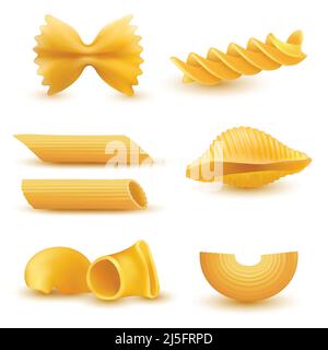 Set di illustrazioni vettoriali di icone realistiche di macaroni secchi di vario genere, pasta, fusilli, conchiglio, rigatoni, farfalle, penne isolato su bianco b Illustrazione Vettoriale