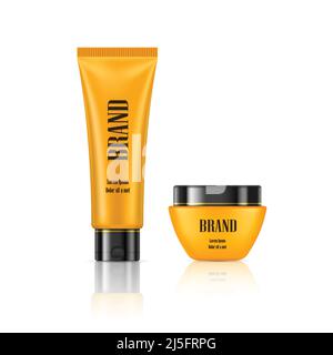 Illustrazione vettoriale di un set di confezioni per cosmetici in stile realistico, un tubo e un vasetto per crema cosmetica, lozione, maschera facciale Illustrazione Vettoriale