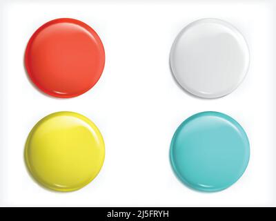 Set di elementi di design vettoriali 3D, icone lucide, pulsanti, badge blu, rosso, giallo e bianco isolato. Può essere utilizzato come pulsanti di vendita, segni di promozioni Illustrazione Vettoriale