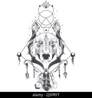 Illustrazione vettoriale di una vista frontale di una testa di lupo, disegno geometrico di un tatuaggio, stampa. Abstract tribali etnici pattern. Illustrazione Vettoriale