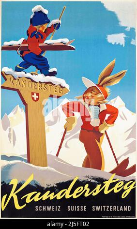 Poster degli sport invernali Vintage 1930s - KANDERSTEG, di Rabbit e ragazzo dell'artista Willy Trapp sulla strada dello sci Foto Stock