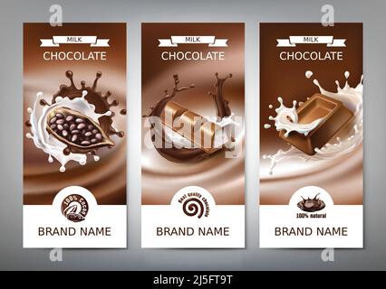 Set di illustrazioni realistiche vettoriali 3D, striscioni con spruzzi di cioccolato fuso e latte con pezzi cadenti di barrette di cioccolato, fagioli di cacao. Latte Illustrazione Vettoriale