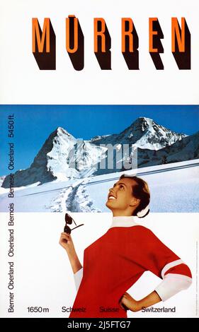 VINTAGE 1960s SKI TRAVELPOSTER Mürren, Berner Oberland, Oberland Bernois, Schweiz Foto Stock