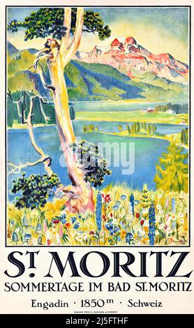 La litografia vintage degli anni '20, Poster St Moritz di Edward Stiefel . San Moritz (Sankt Moritz, San Murezzan, San Maurizio, Saint-Moritz Foto Stock